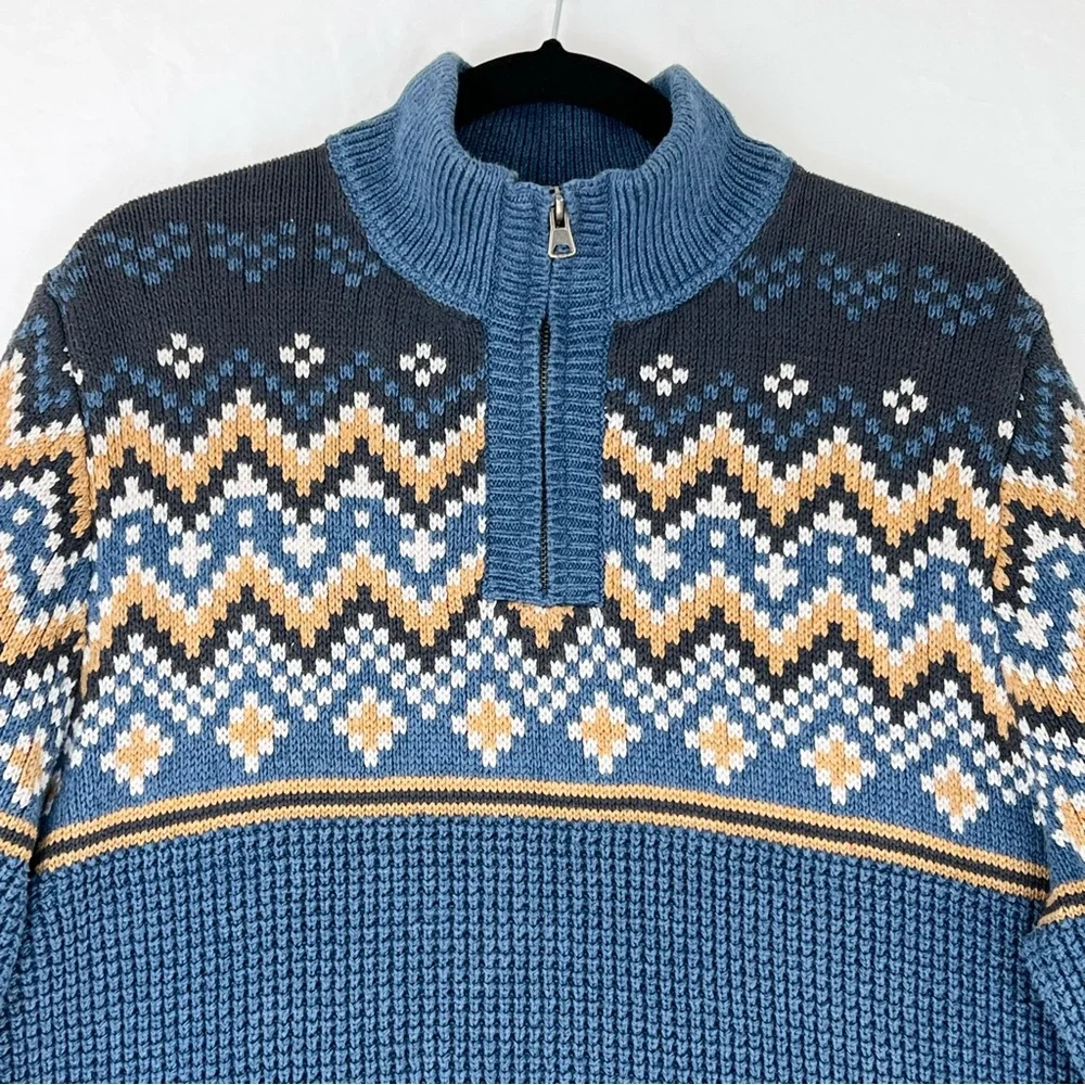 Vintage LL Bean Sweater Fair Isle Waffle 1/4 Zip Pullover Blue Cotton XL Y2K